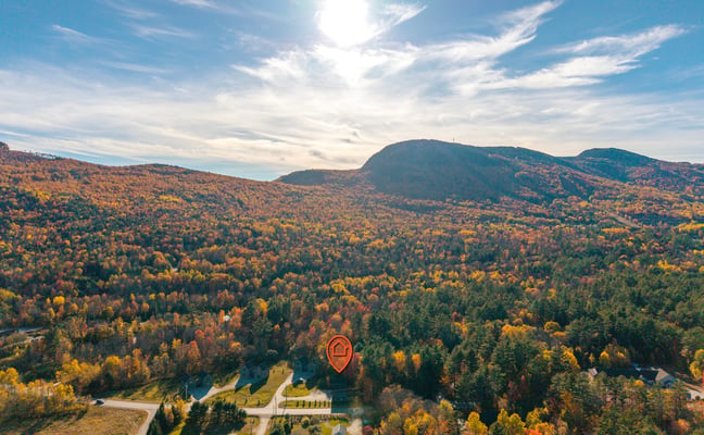 Aerial view of forested valley in autumn with mountains, winding river, and location pin marking property